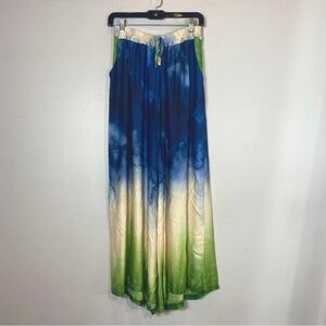 Bohemia Paris Blue and Green Watercolor Viscose Flowy Wide Leg Pants One Size